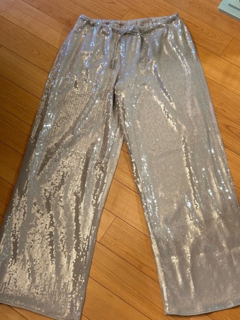 MUSERA Silver Sequin High Waist Wide Leg Drawstring Pants L